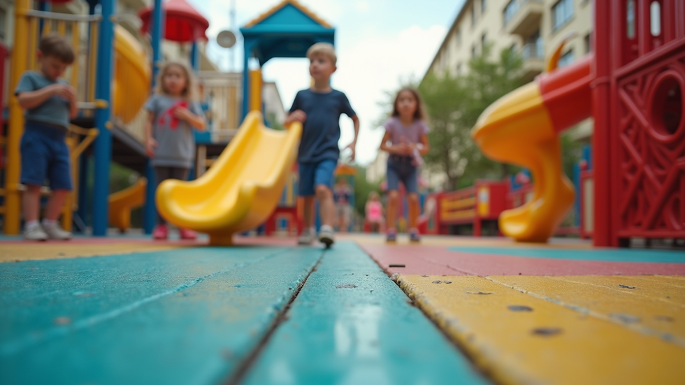 Eye-level view of a colorful playground filled with children playing