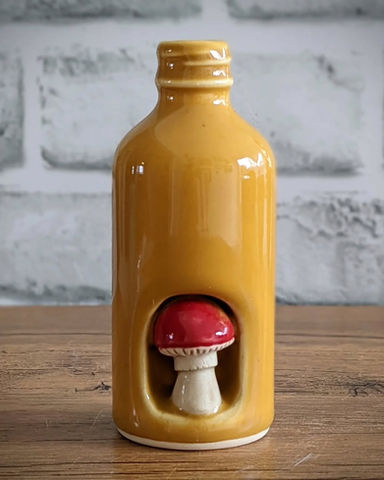 mushroom bottle, slipcast stoneware with sculpted elements, 4"tall, 2" diameter