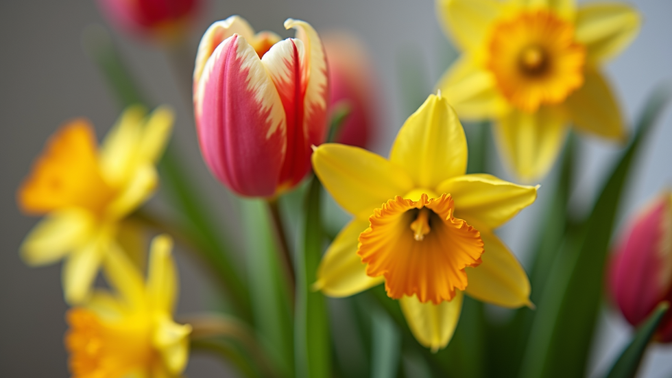 Close-up view of a seasonal flower arrangement with tulips and daffodils