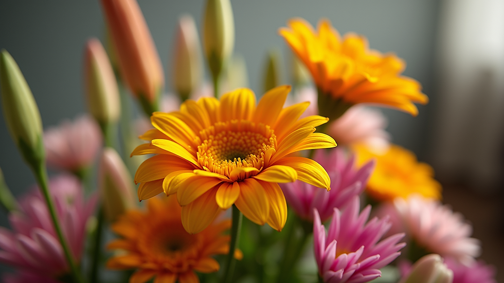 Eye-level view of a vibrant flower bouquet