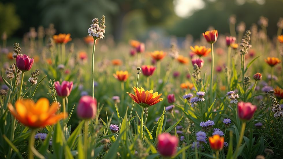 High-angle view of a flourishing garden with various flowers