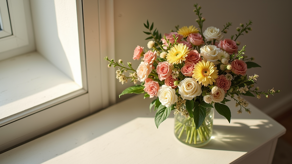 High angle view of a flower arrangement placed in a shaded corner
