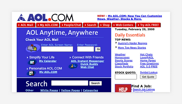 Interfejs AOL z 2000 roku jako przykład stron późnej ery web1