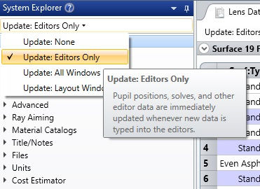 Zemax OpticStudio: System Explorer Update Settings