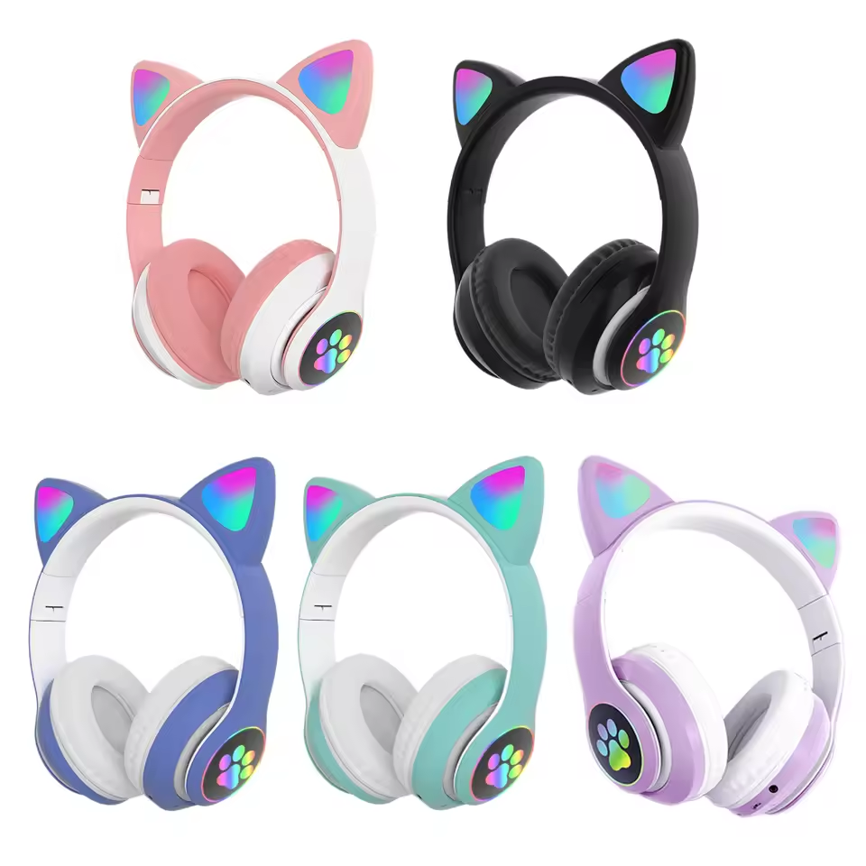 Flash Light Cute Cat Ears Wireless Headphone with Mic RGB LED Kid Girl Stereo Mu