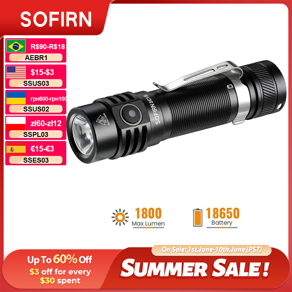 SOFIRN SC18 1800lm SST40 LED 18650 Torch TIR Optics Lens EDC Flashlight USB C Re