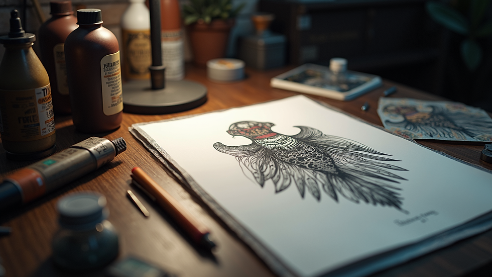 High angle view of tattoo studio workspace with sketch tattoo designs on the table