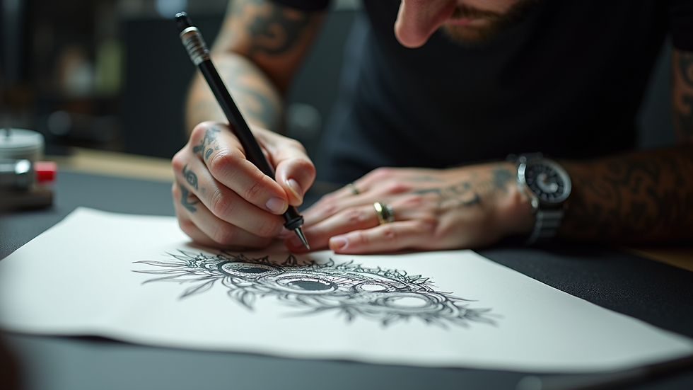 Eye-level view of tattoo artist sketching a custom design on paper