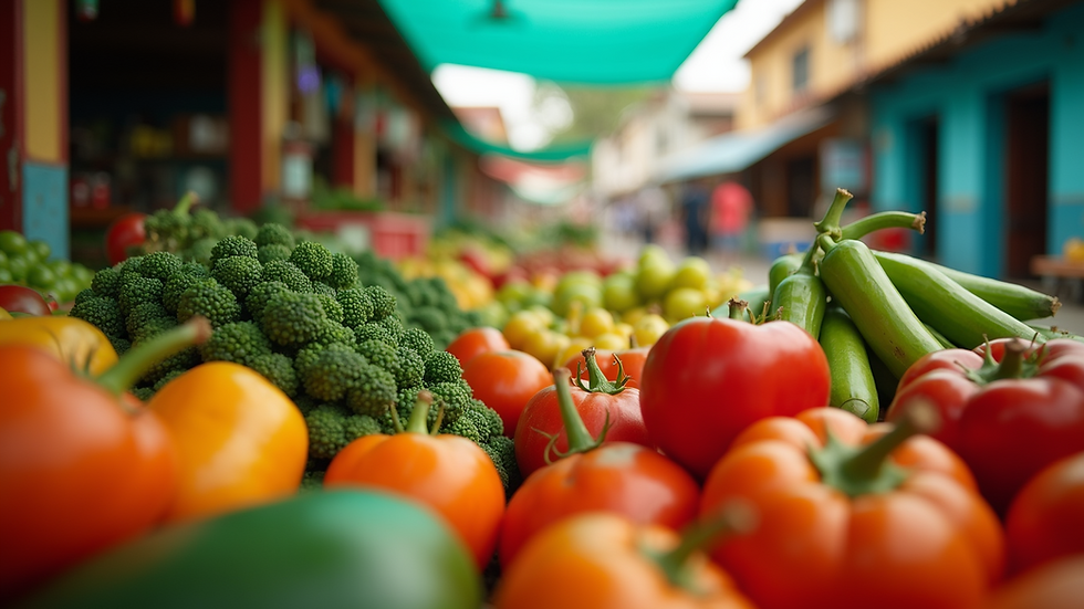 Eye-level view of a colorful Caribbean market filled with fresh produce