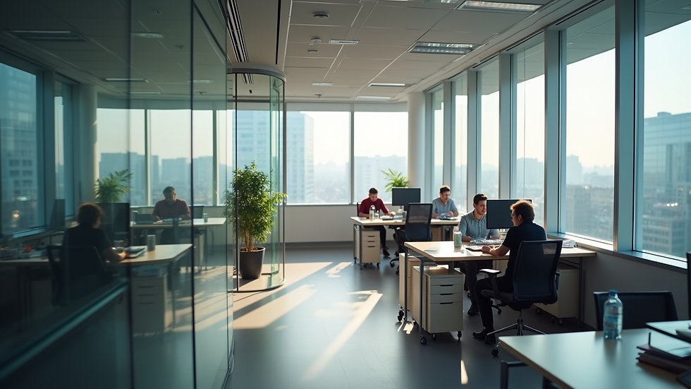 Vista panorámica de una oficina moderna con empleados trabajando en escritorios