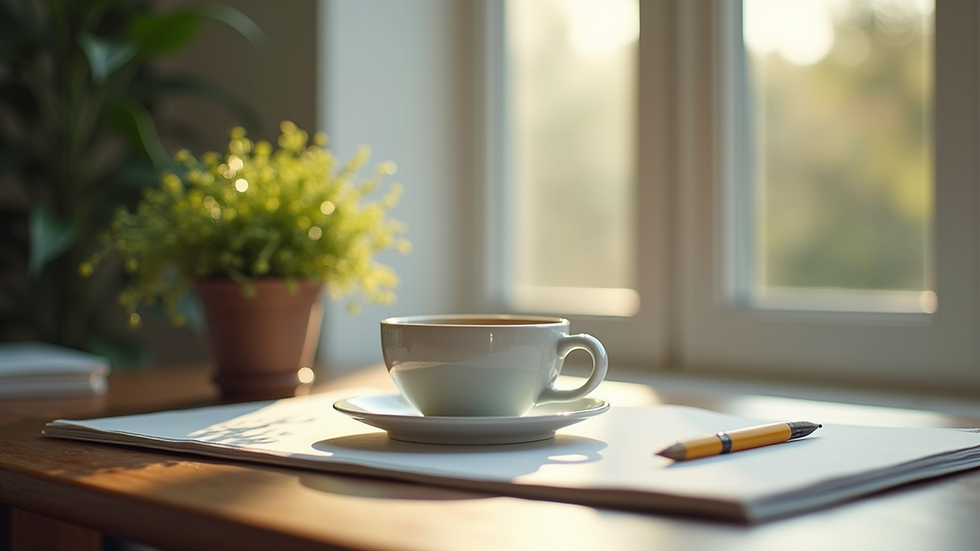 Vista a nivel de ojo de un escritorio ordenado con una planta y una taza de café