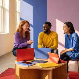 Three people smiling and talking, sitting around a table with colorful laptops in a bright room with blue and pink walls. Casual and cheerful mood.