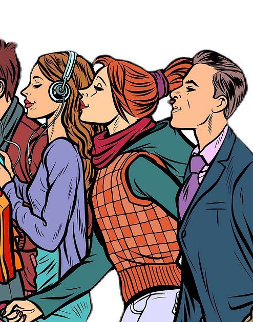 "Cartoon illustration of diverse people walking to work, including men and women in business attire, carrying briefcases, backpacks, dog leads, earphones and phones