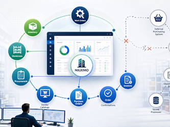 Maximo purchasing workflow connected to maintenance, inventory, storerooms, vendors, purchase orders, confirmations, and invoices.