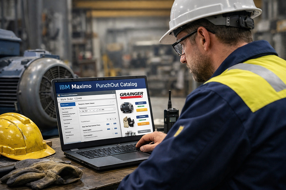 Industrial maintenance technician in safety gear using a laptop in a workshop to access an IBM Maximo PunchOut catalog, with tools, machinery, and equipment visible in the background.
