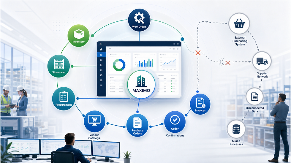 Maximo purchasing workflow connected to maintenance, inventory, storerooms, vendors, purchase orders, confirmations, and invoices.