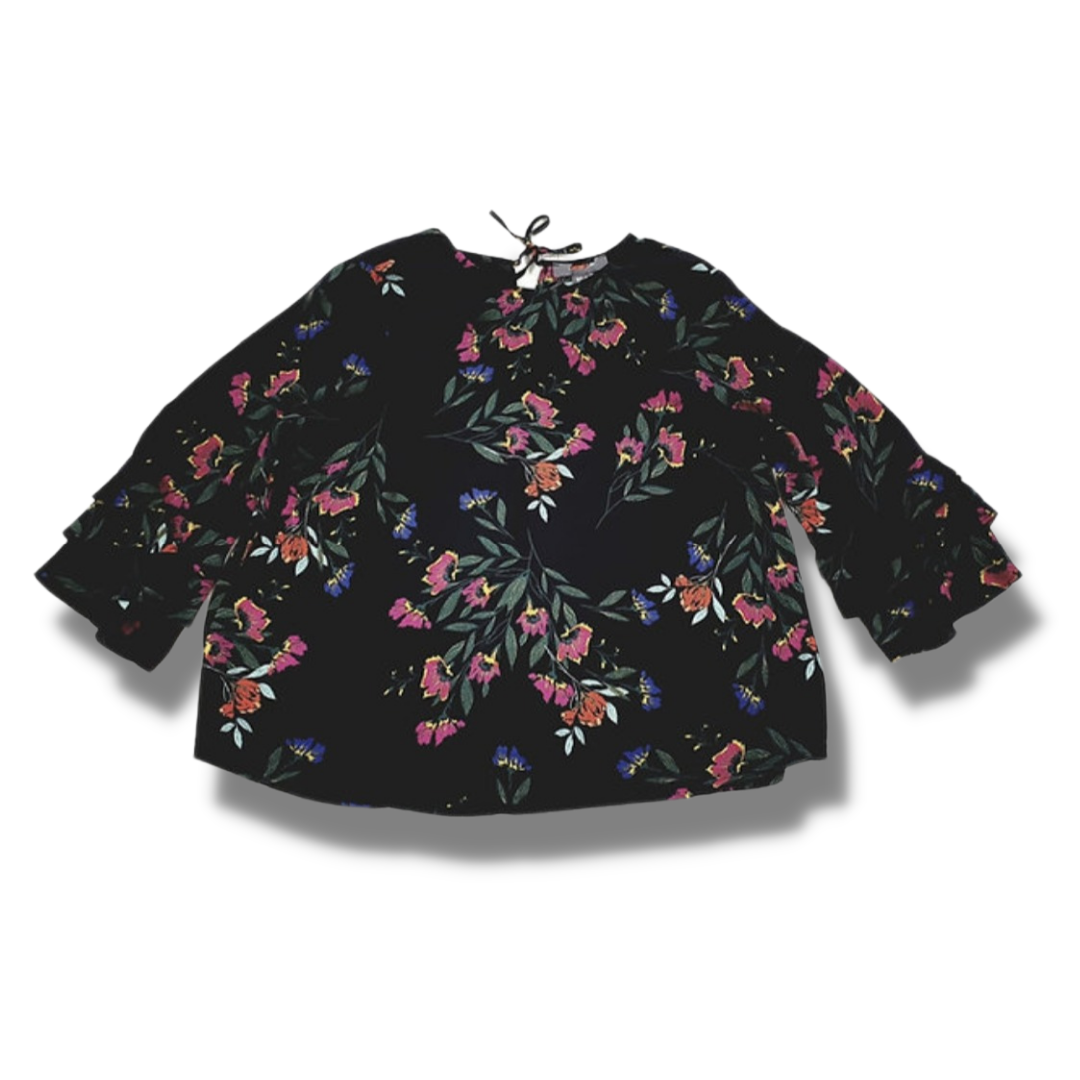 Black floral blouse with flare sleeves. Uk 12