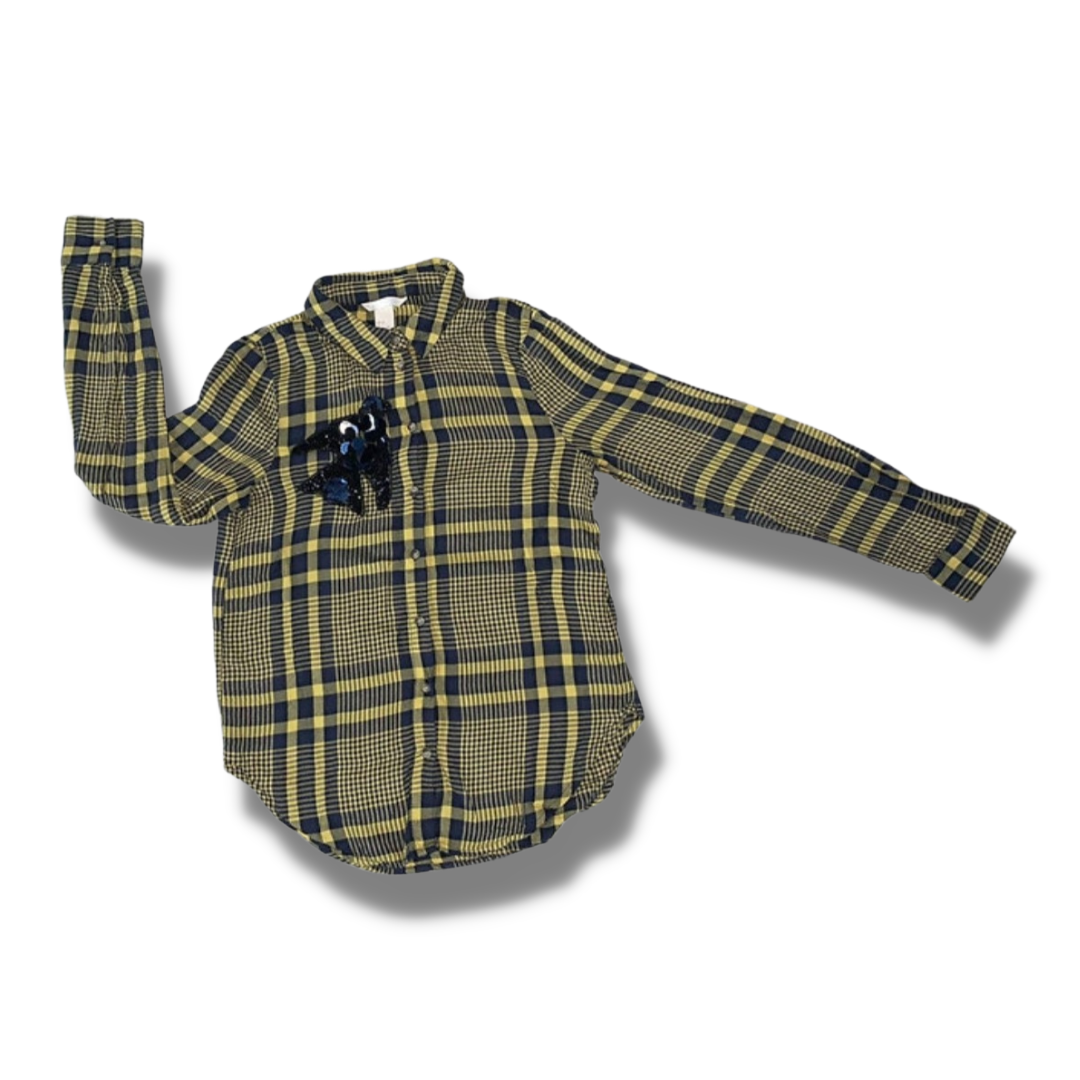 H&M yellow/black shirt with sequin bird emblem.  Eu 34
