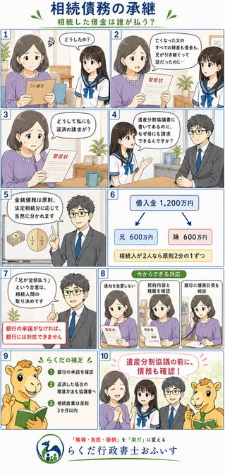 相続債務の承継を説明する漫画風図解。母娘が督促状や銀行書類を見て相談し、行政書士が債務は相続人で分割されると解説している。