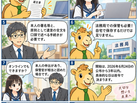 デジタル遺言（保管証書遺言）の仕組み、本人の口述、法務局保管、施行時期を解説する10コマ漫画