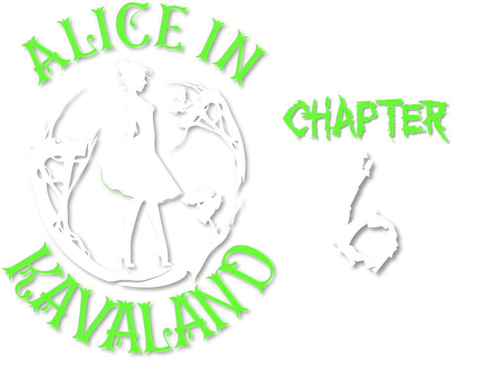 Alice in Kavaland Blog Image for Chapter 6 featuring The main characters in an Alice in Wonderland artist rendition.
