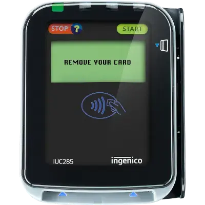 Ingenico's iUC285 showing that it is capable of contactless payments, magstripe, and NFC chip. Also has high contrast display