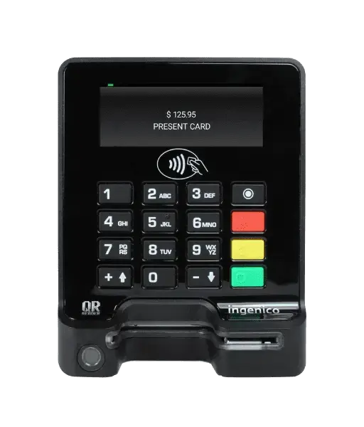 Ingenico Self 4000 easily integrates cashless payments in self-service kiosks. Screen shows to present NFC card for payment.