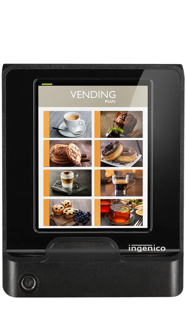 Ingenico Self 2000 payment terminal displaying a wide variety vending machine menu on a colorful display