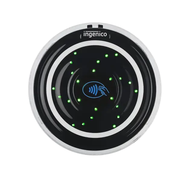 Ingenico's Open 2500 sleek design displaying that it accepts contactless payment, that can also be utilized for ticketing