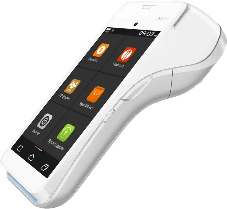 Angled picture of PAX's A920 Pro, showing the 5.5" capacitive touchscreen. Showing many uses case of the mobile solution.