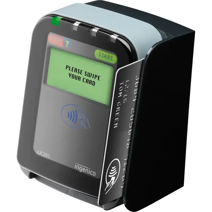 Side view of Ingenico's iUC285, demonstrating a magstripe card read. Shows sleek compact design.