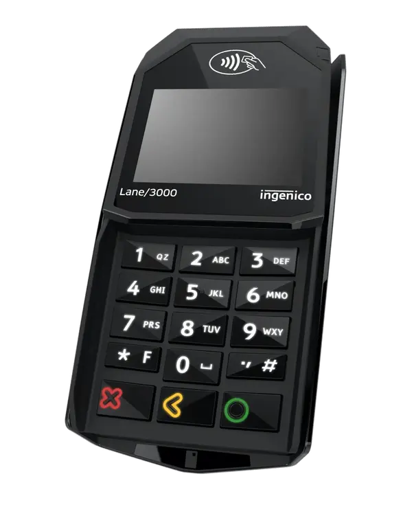 An angled photo of Ingenico Lane 3000, displaying the responsive touch screen, and secure backlit PIN pad buttons.