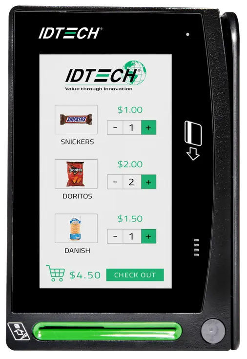 IDTech's VP6800 is perfect for vending machines and kiosk integration. The screen is displaying the menu on a touchscreen.