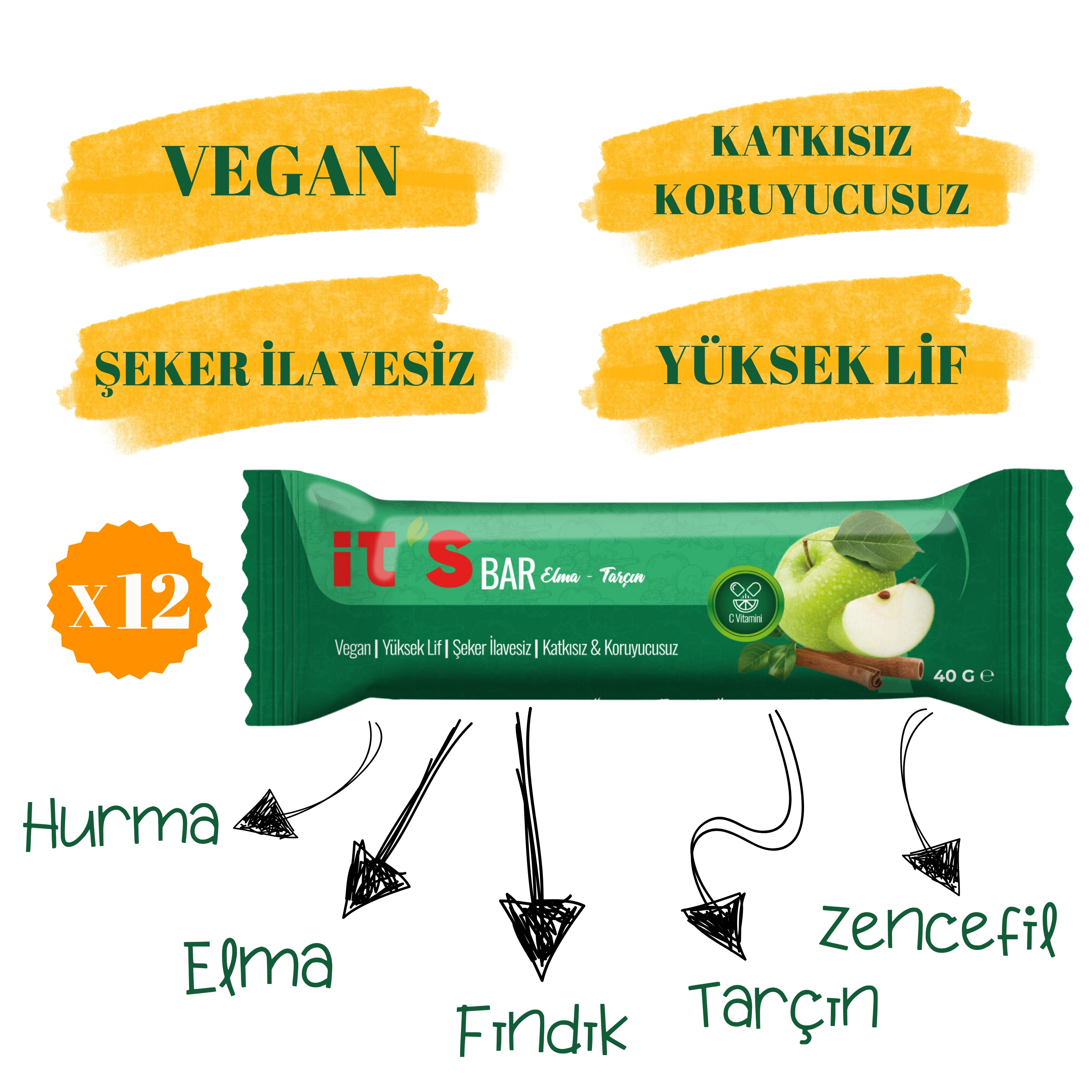 Meyve Bar - Elmalı & Tarçınlı - C Vitaminli 40g x 12 Adet