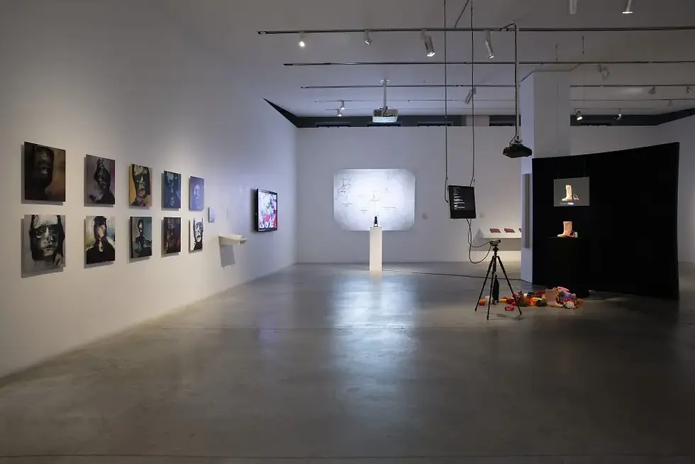 Installation view. The Question of Intelligence (Sheila C. Johnson Design Center, The New School). From left to right: Mary Flanagan, [Grace:AI], 2019 (11 dye sublimation prints on aluminum, 20 x 20 in. / 10 x 10 in., Electric Philosophy [Grace:AI], artist book, 8 x 8 in.); Harold Cohen, AARON, 1973– (Artificial intelligence software); Baoyang Chen, Zhije Qiu, Ruixue Liu, Xiaoyu Guo, Yan Dai, Meng Chen, Xiadong He, AI Mappa Mundi: An Interactive Artistic Mind Map Generator with Artificial Imagination, 2018–19 (AI painting system, interactive installation, dimensions variable); David Rokeby, The Giver of Names, 1990– (Interactive installation, software, computer system, projection, assorted toys and objects). Photo by Marc Tatti