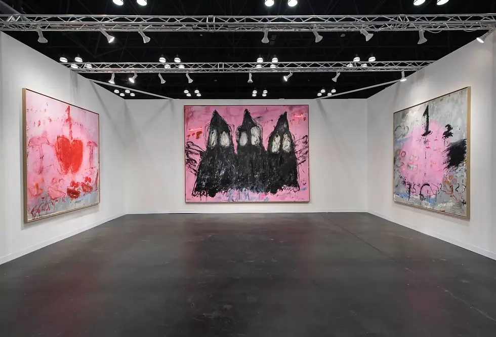 Installation view (from left): MARRIA PRATTS, APPLE – CLOCK – BIRTH, 2024, oil and pencil on canvas, 90.5h × 78.7w in (230h × 200w cm), MARRIA PRATTS, 1FAMILY, 2024 oil, pencil and neon light on canvas, 122h × 157w in (309.8h × 398.7w cm), MARRIA PRATTS, BLOOM TOGETHER, 2024, oil and pencil, on canvas, 90.5h × 78.7w in (230h × 200w cm) via kostyal.com