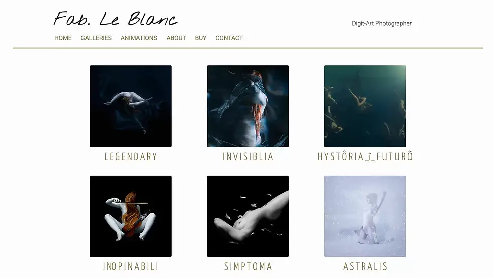 Fab Le Blanc’s gallery features surreal, narrative-driven series like Legendary, Invisiblia, and Astralis, blending myth, movement, and metaphor.