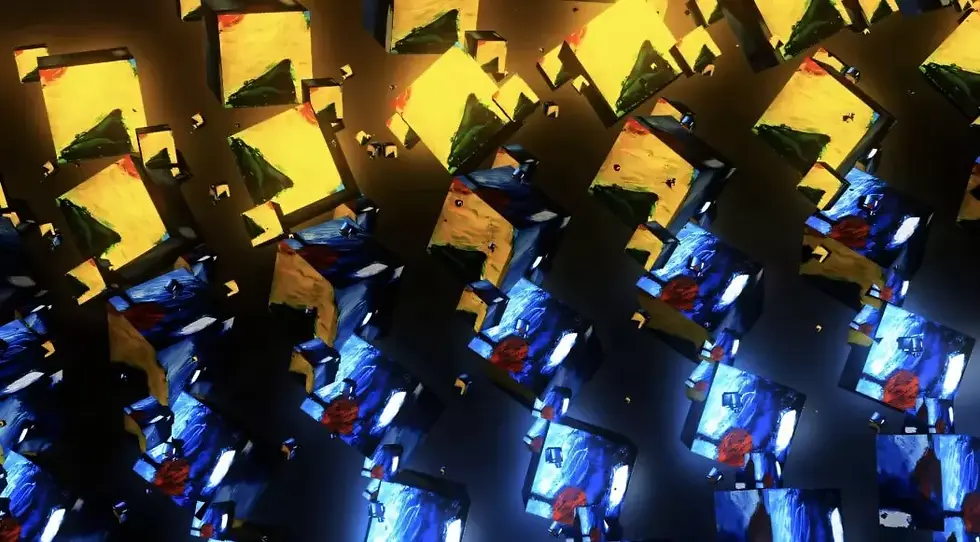 Landscape Reimagined (Moving Frame) (2025) by Cromwell. Captured as a still from a moving digital installation in the artist’s studio, this work reinterprets Medina’s Autumn Road through generative 3D motion created for an open call celebrating her art.