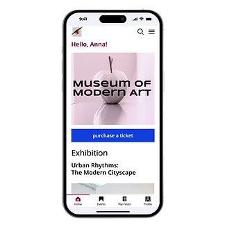 The image shows a smartphone with a screen displaying the "Museum of Modern Art" app. The user interface welcomes the user, "Hello, Anna!", and showcases an upcoming exhibition titled "Urban Rhythms: The Modern Cityscape." The design features a large banner with the museum's logo, a prominent "purchase a ticket" button in blue, and a clean layout with easy navigation at the bottom for different sections of the app, such as Home, Events, and Profile. The overall design is minimalistic and modern, with an emphasis on user accessibility and intuitive ticket purchasing.