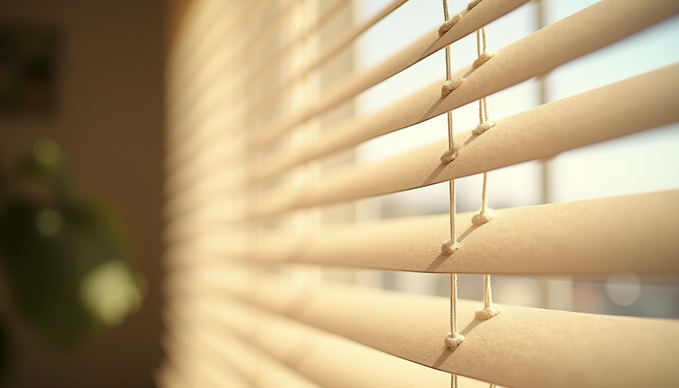 Closed window blinds, sunlight filtering through