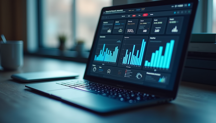 Eye-level view of a modern workspace with a laptop displaying AI-powered SaaS dashboard