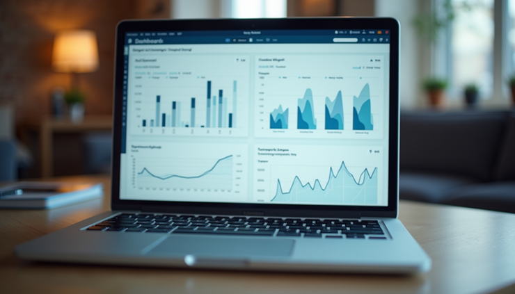 Eye-level view of a laptop screen showing SaaS dashboard with charts and graphs