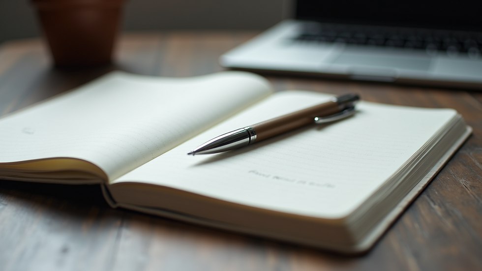 Close-up view of an open notebook with a pen and unfinished notes