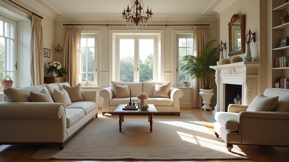 Eye-level view of a beautifully arranged French country living room