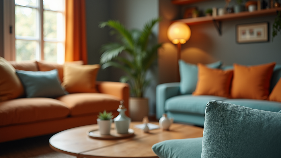 Close-up view of vibrant living room with varied textures