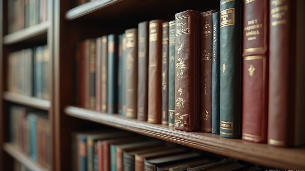 Close-up of a bookshelf filled with classic and bestselling novels