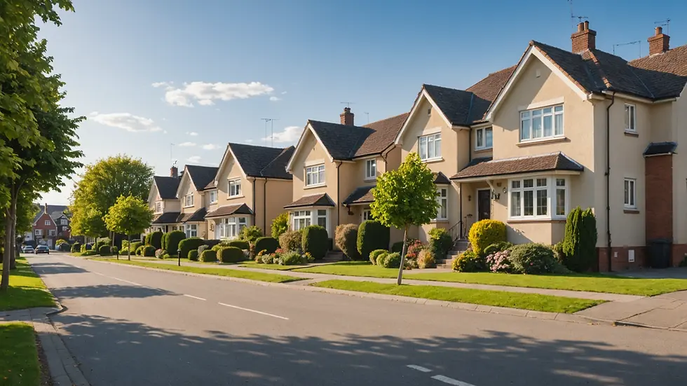 Wide angle view of a quiet suburban street with well-maintained houses