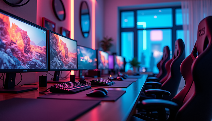 Eye-level view of a futuristic gaming setup with multiple screens and immersive lighting