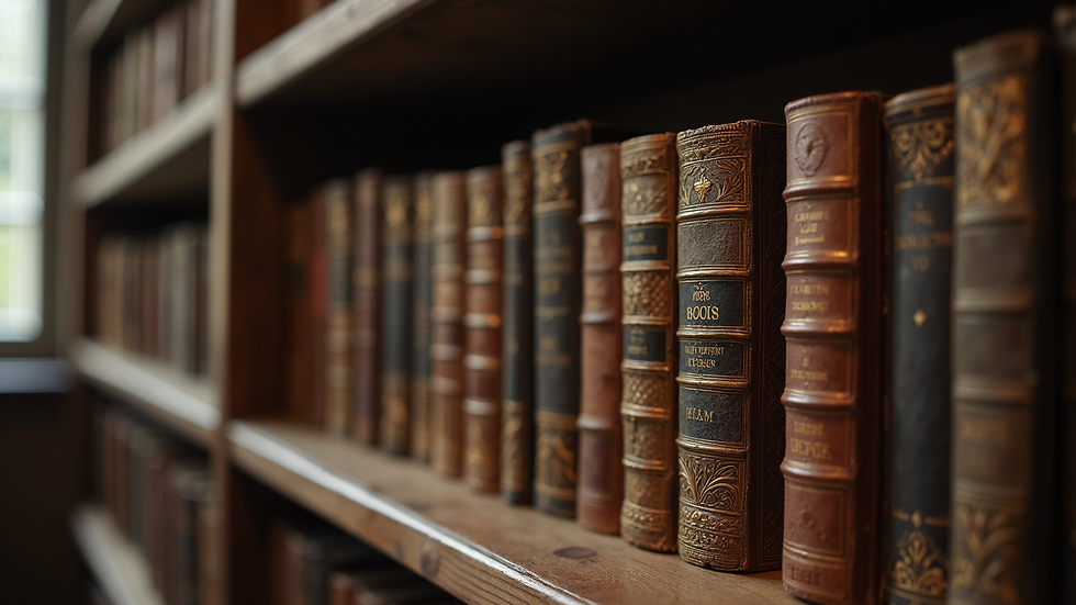 Eye-level view of an ancient book collection on a wooden shelf