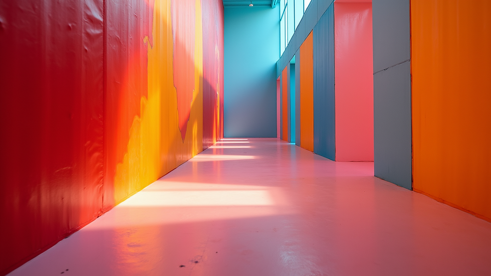 Eye-level view of an immersive art installation featuring vibrant colors and dynamic forms